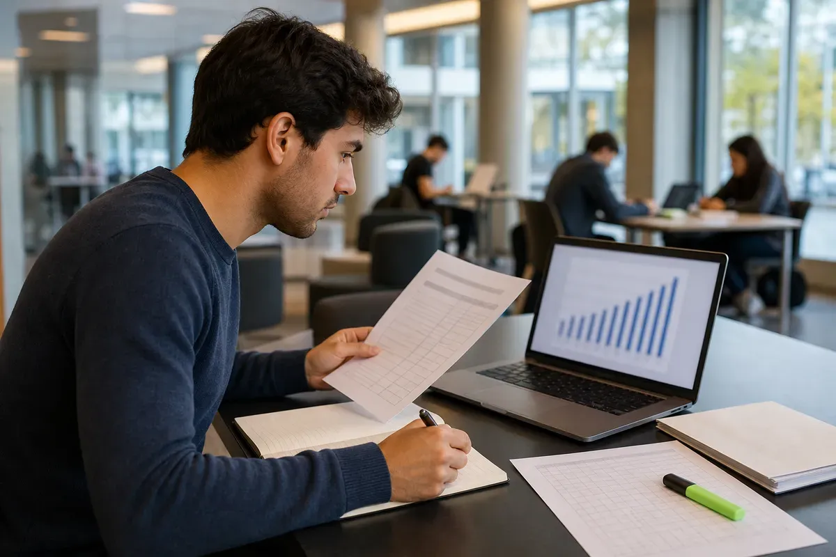 Student arbeitet an einer betriebswirtschaftlichen Fallstudie mit Diagrammen und Laptop im Lernbereich einer Schweizer Hochschule