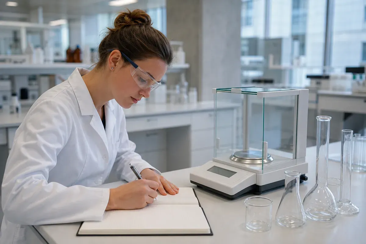 Chemiestudent dokumentiert Versuchsergebnisse im Labor einer Schweizer Hochschule für seine Abschlussarbeit