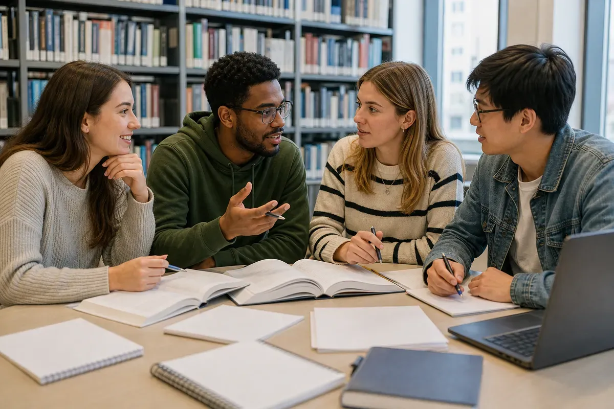 Studierende diskutieren pädagogische Fachliteratur an einem Gruppentisch in der Hochschulbibliothek