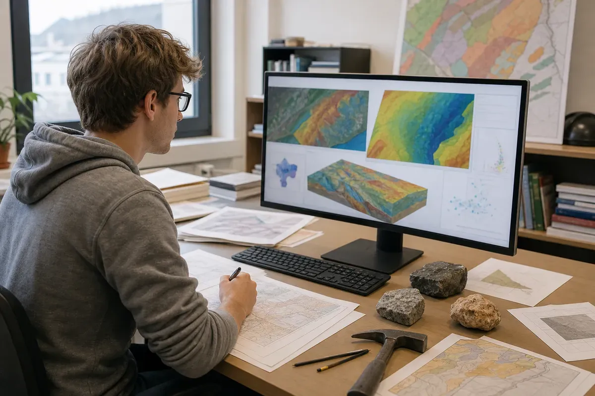 Student analysiert geologische Karten und Datensätze am Computer für seine Abschlussarbeit