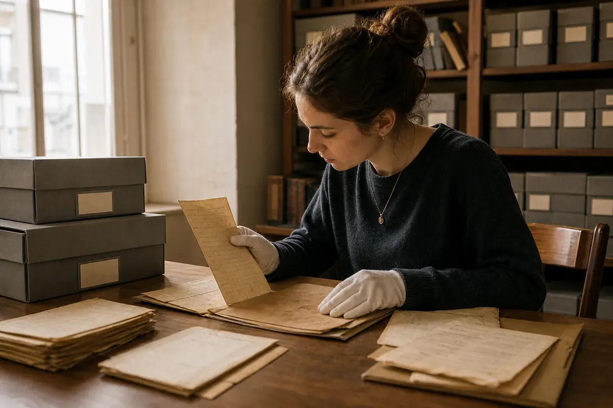 Geschichtsstudentin arbeitet mit historischen Dokumenten in einem Schweizer Archiv