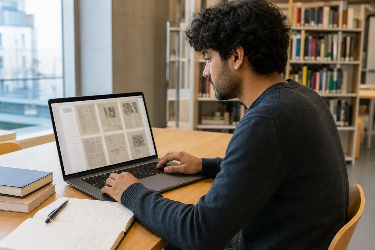 Student recherchiert digitalisierte historische Quellen am Laptop in einer Universitätsbibliothek