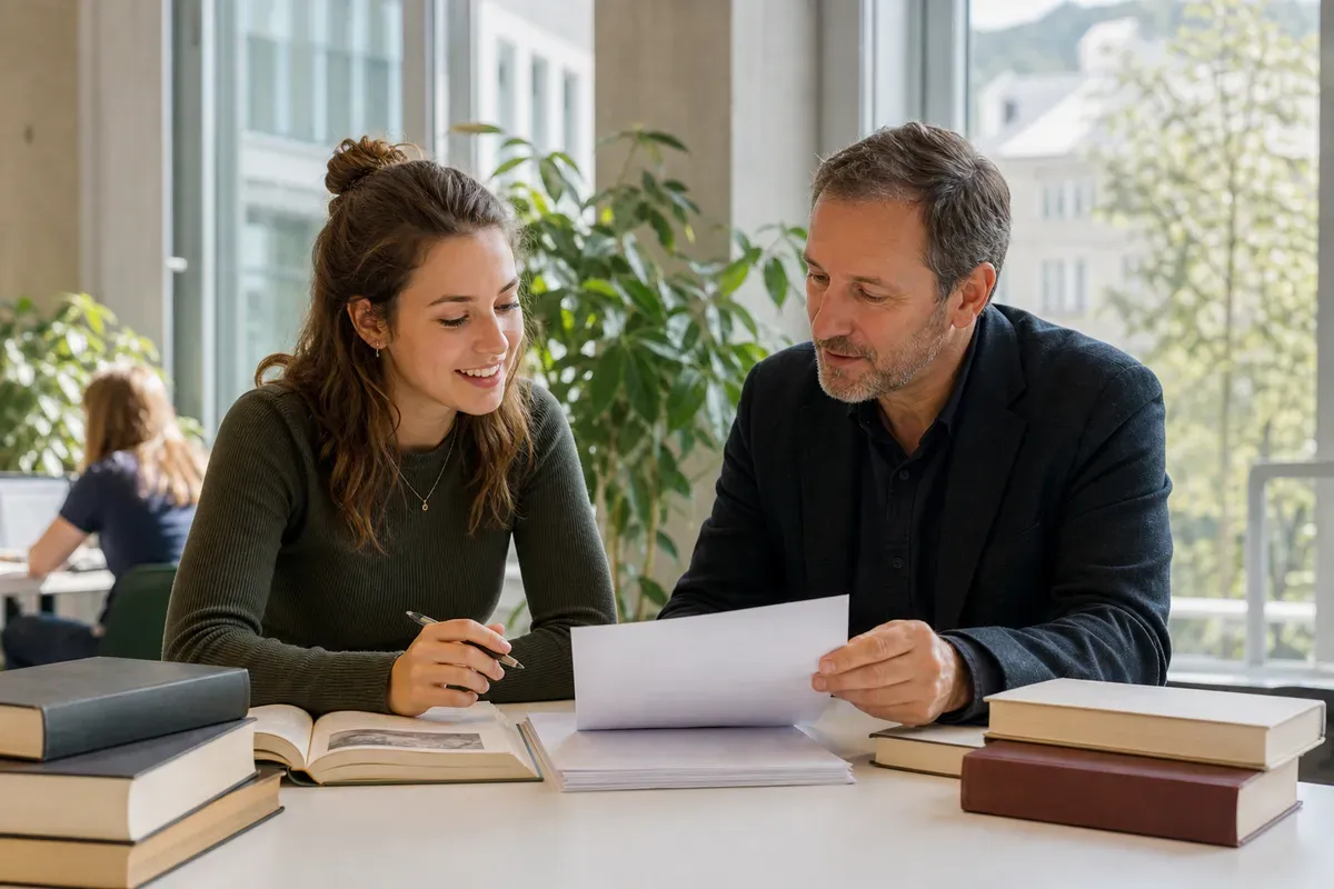 Beratungsgespräch zwischen Studentin und akademischem Berater über die Gliederung einer Geschichtsarbeit