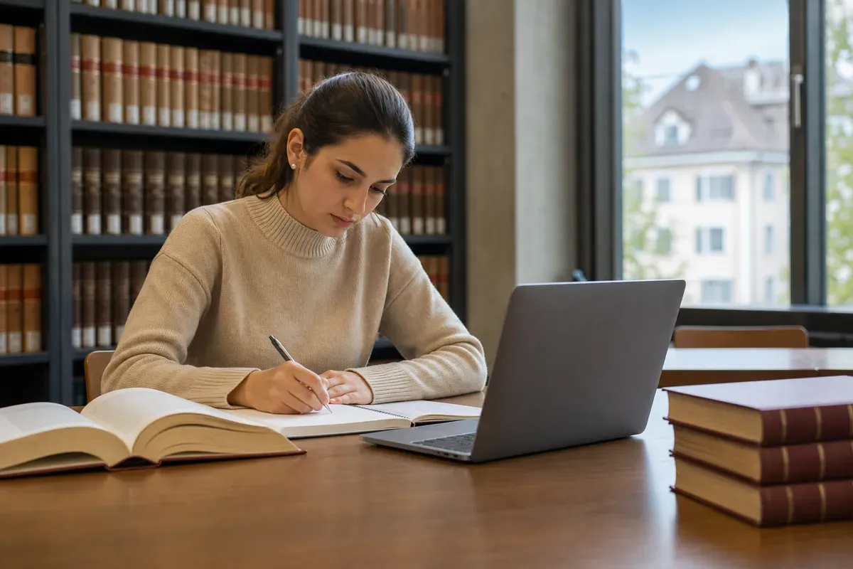 Studentin recherchiert Gesetzestexte für ihre juristische Abschlussarbeit in einer Schweizer Universitätsbibliothek