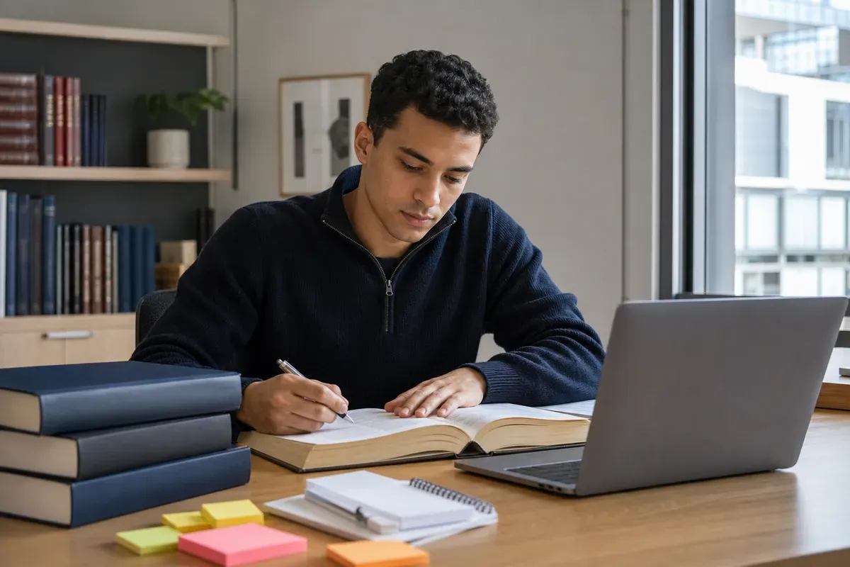 Jurastudent arbeitet mit Kommentaren und Laptop an der Gliederung seiner Abschlussarbeit