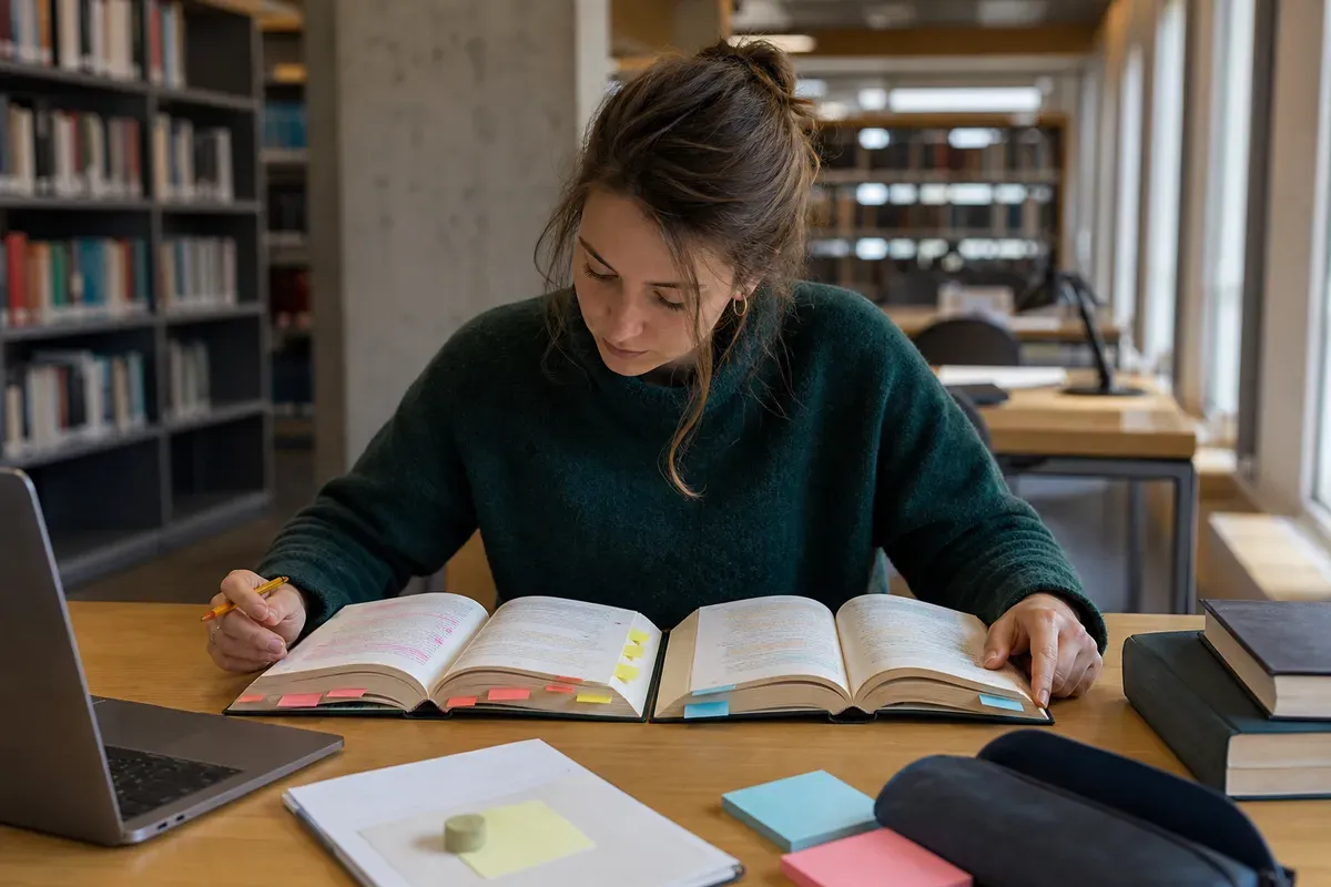 Studentin analysiert literarische Texte in einer Schweizer Universitätsbibliothek