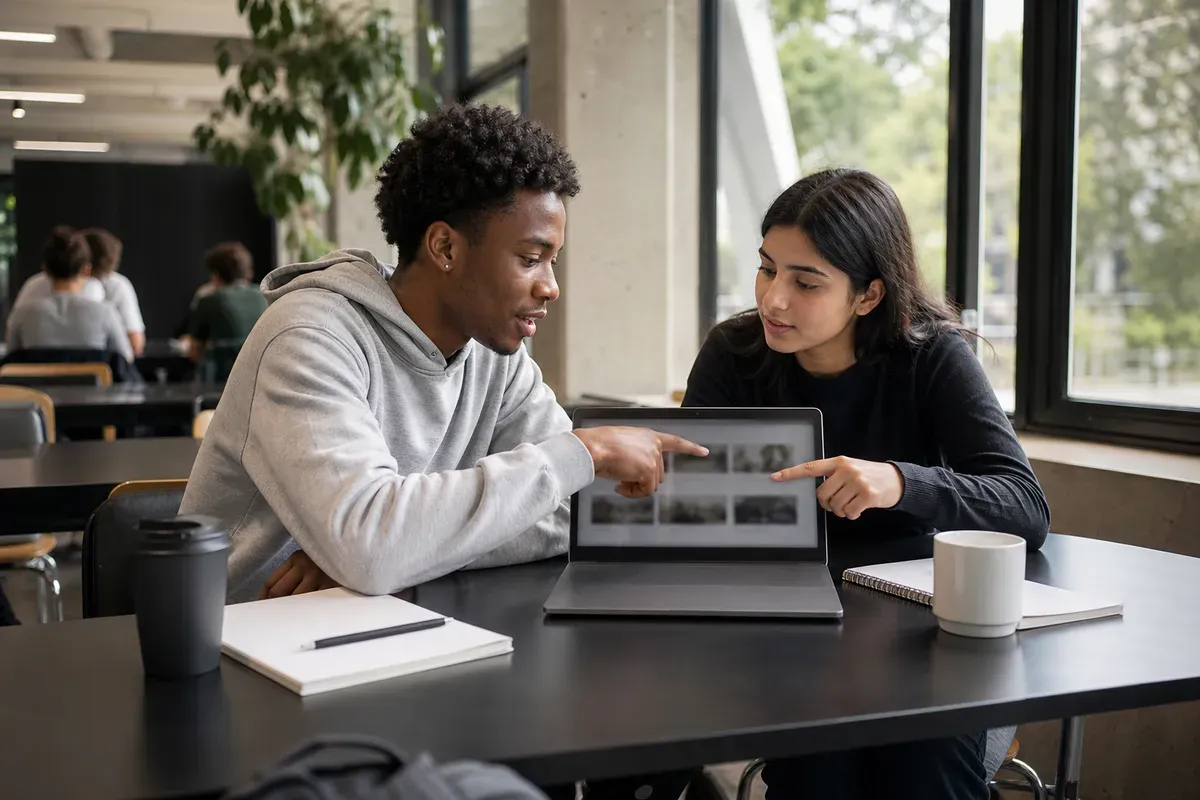 Studierende der Medienwissenschaften diskutieren eine Medienanalyse am Laptop