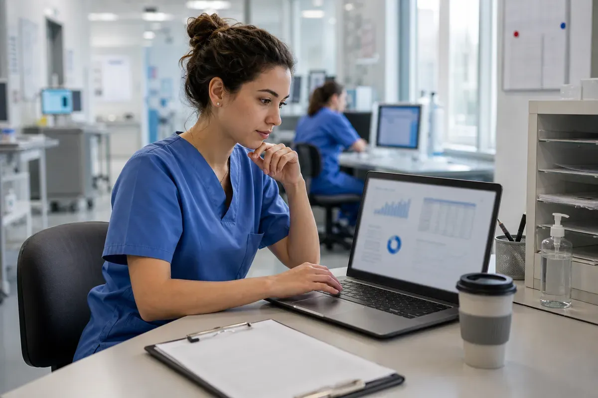 Medizinstudentin wertet klinische Studiendaten am Laptop in einem Schweizer Universitätsspital aus