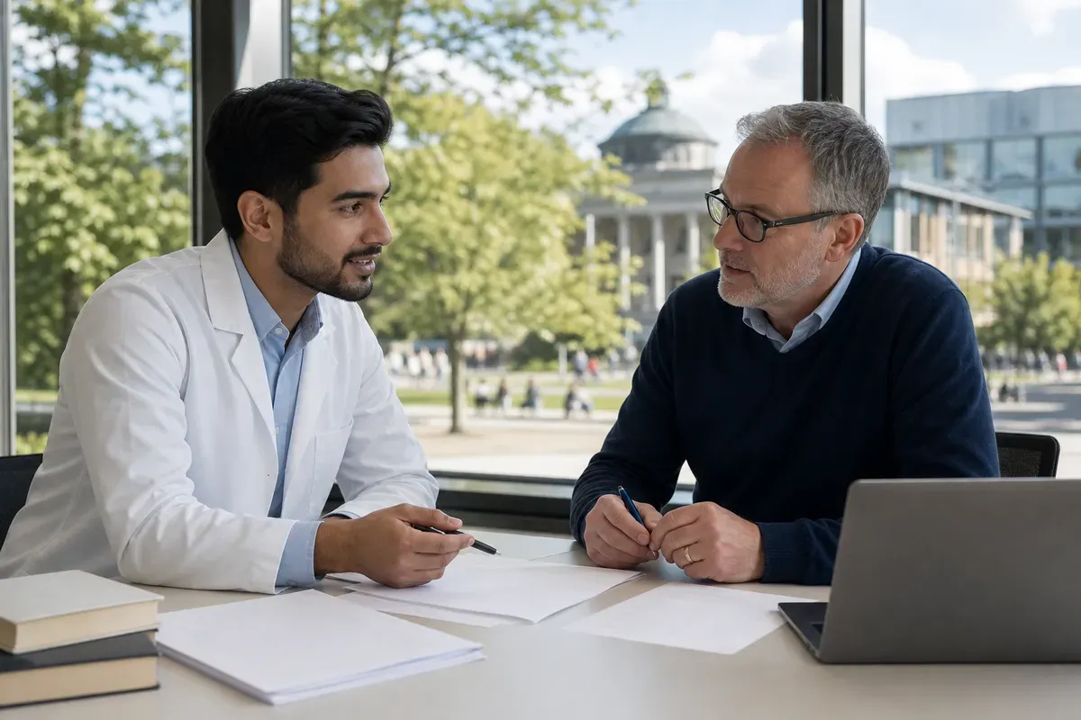 Arzt im Gespräch mit akademischem Berater über die Struktur seiner medizinischen Dissertation