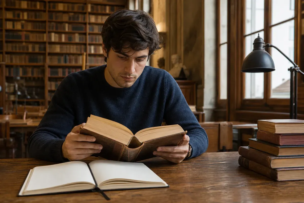 Student liest einen philosophischen Klassiker in der Bibliothek einer Schweizer Universität