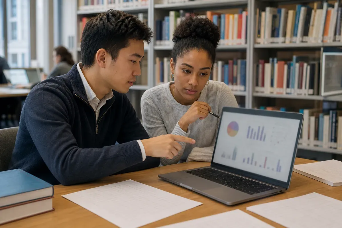 Studierende analysieren soziologische Umfragedaten am Laptop in einer Schweizer Universitätsbibliothek