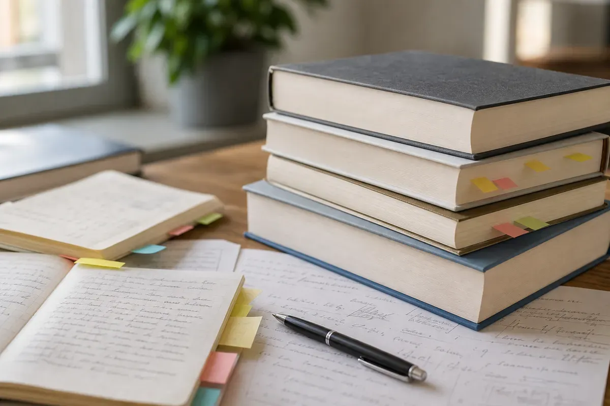 Bücherstapel mit soziologischen Klassikern und Notizen auf einem Schreibtisch