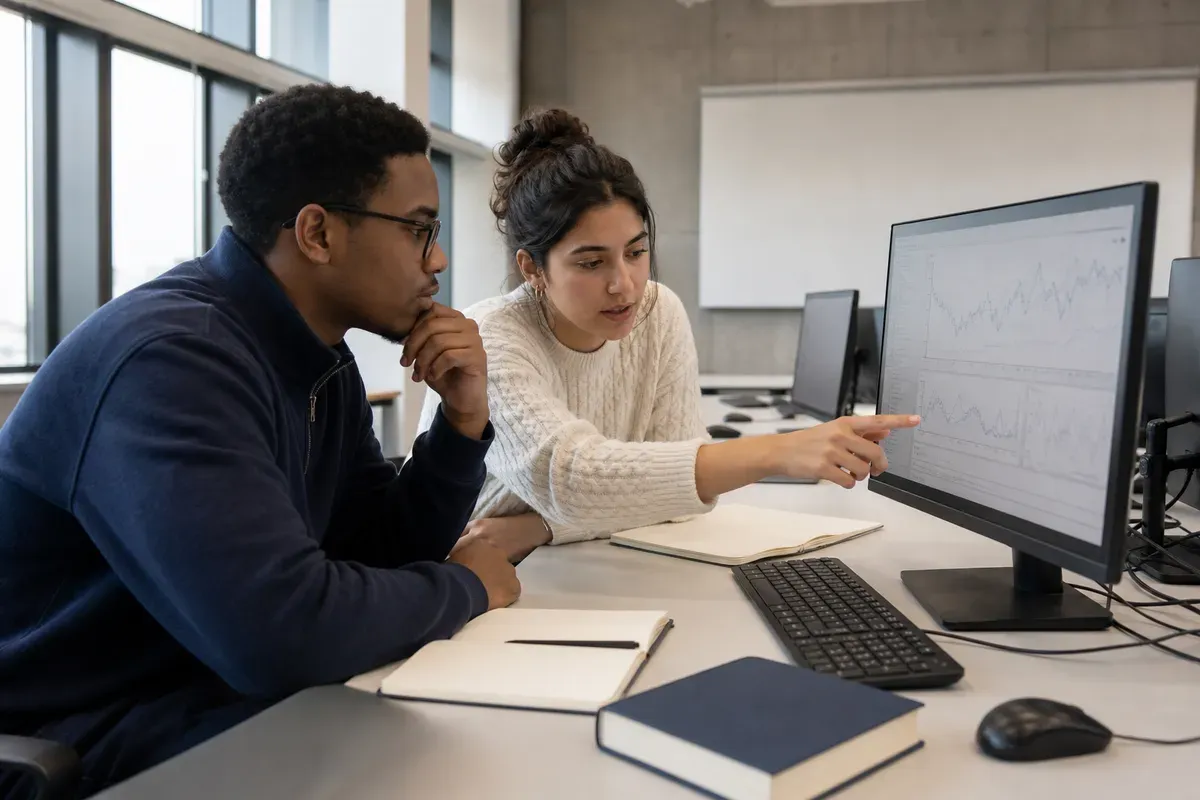 Studierende werten volkswirtschaftliche Datenreihen mit Statistiksoftware in einem modernen Computerraum aus