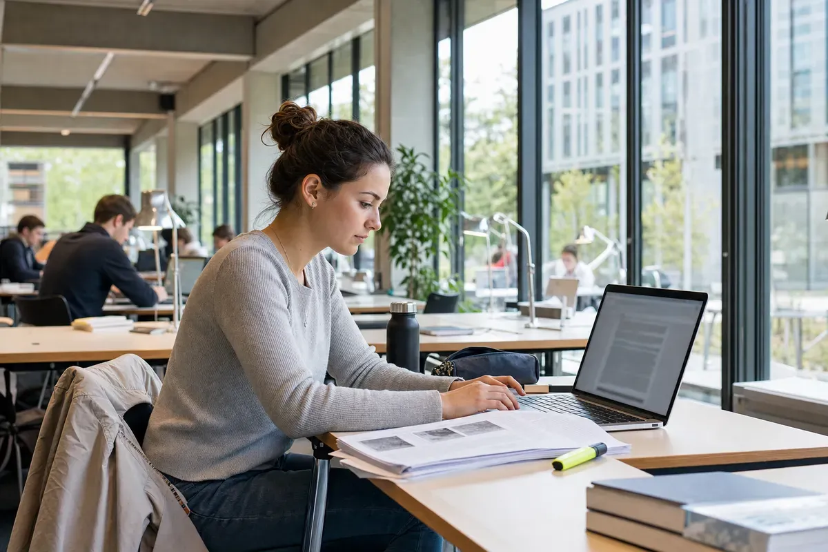 Studentin arbeitet mit Unterstützung an ihrer Bachelorarbeit in der Schweiz