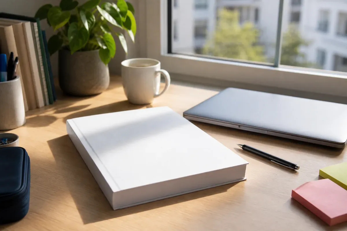 Fertige Bachelorarbeit mit Notizen und Laptop auf dem Schreibtisch