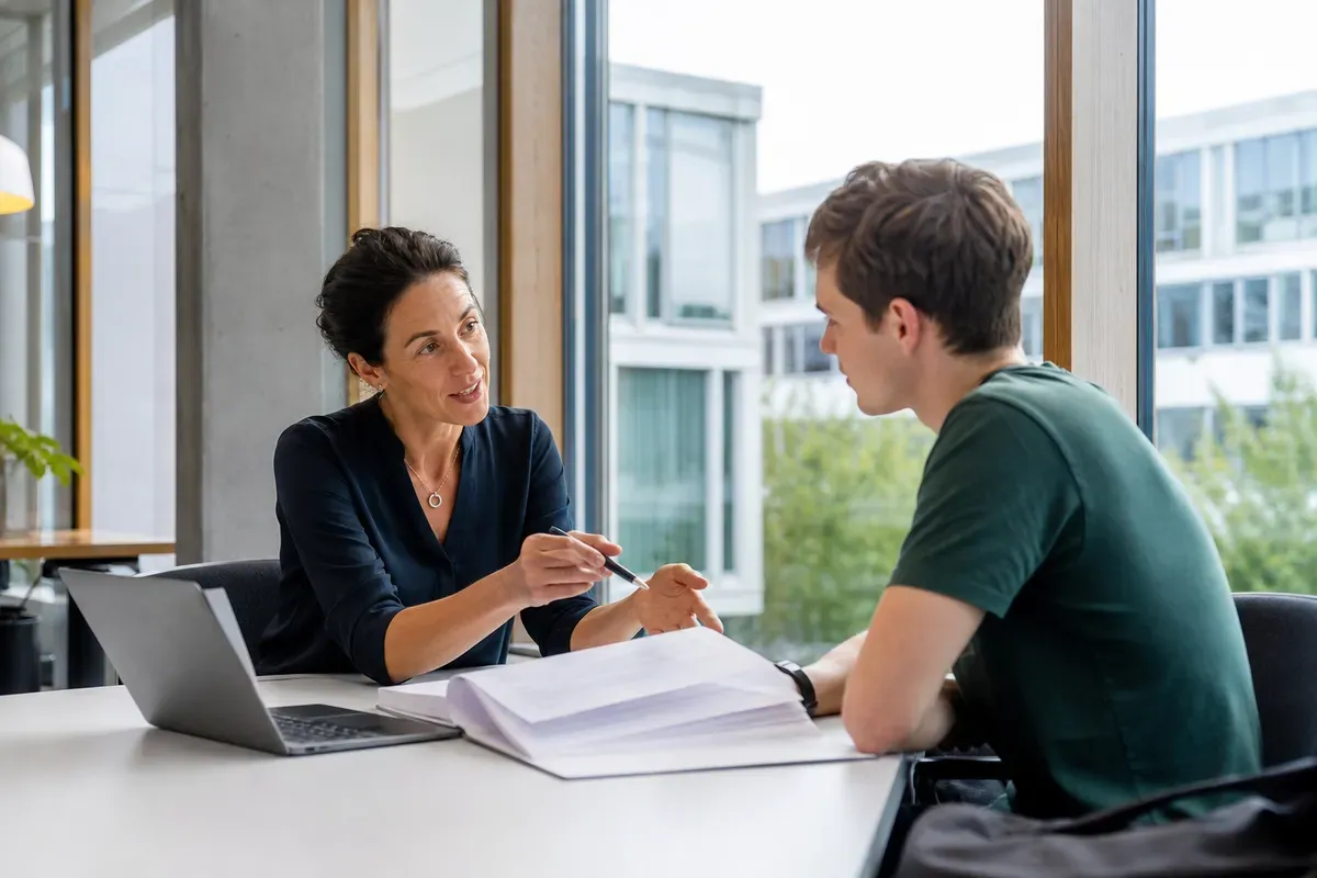 Beratungsgespräch zur Diplomarbeit an einer Schweizer Fachhochschule