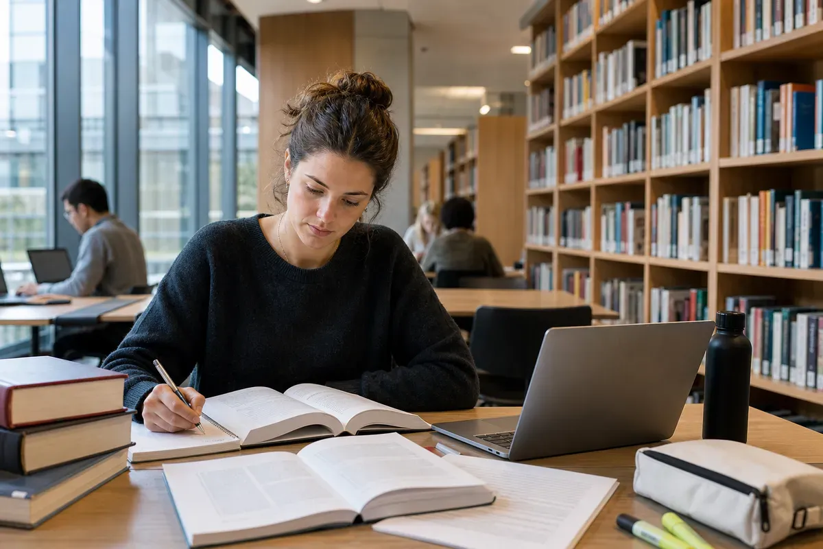 Doktorandin recherchiert Fachliteratur für ihre Dissertation in einer Schweizer Universitätsbibliothek