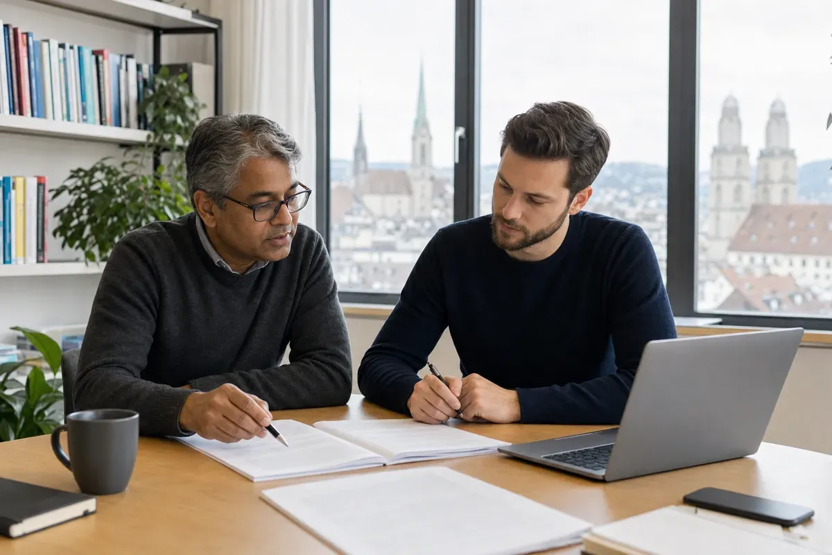 Akademiker bespricht den Fortschritt einer Doktorarbeit mit einem Doktoranden in einem modernen Schweizer Büro