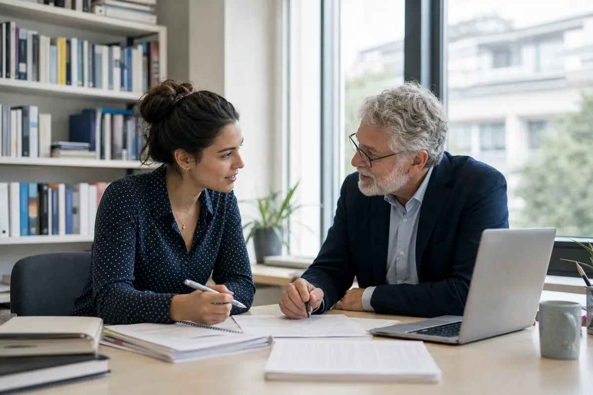 Doktorandin bespricht ihr Forschungsvorhaben mit einem Professor an einer Schweizer Universität