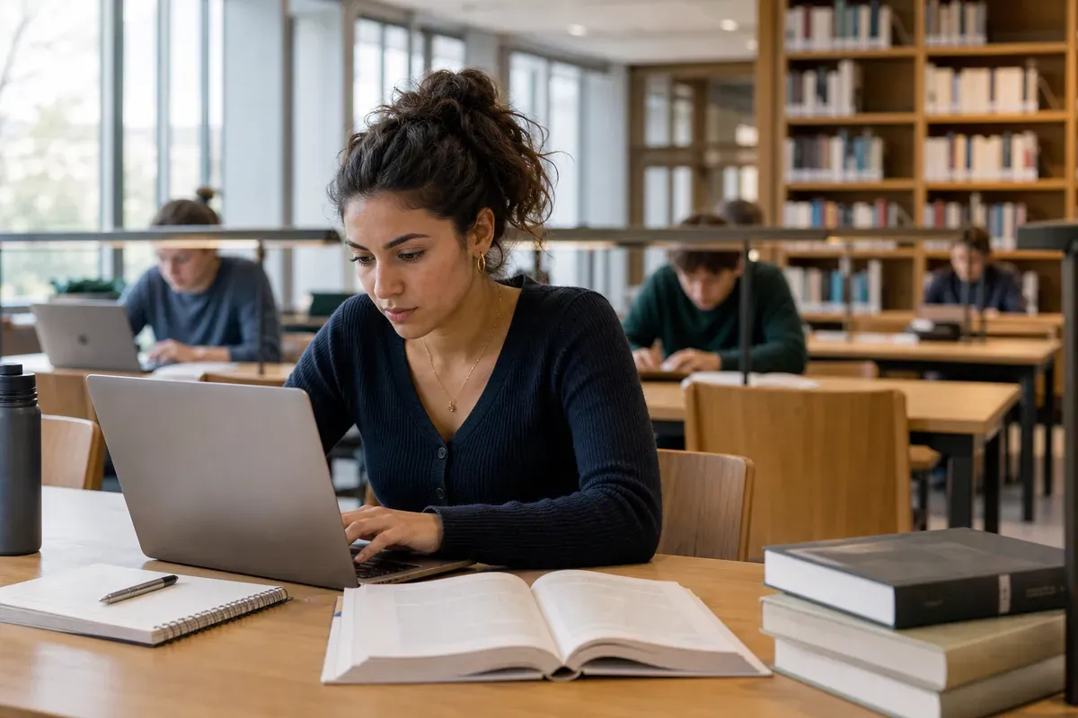 Studentin schreibt ihre Hausarbeit in einer Schweizer Universitätsbibliothek