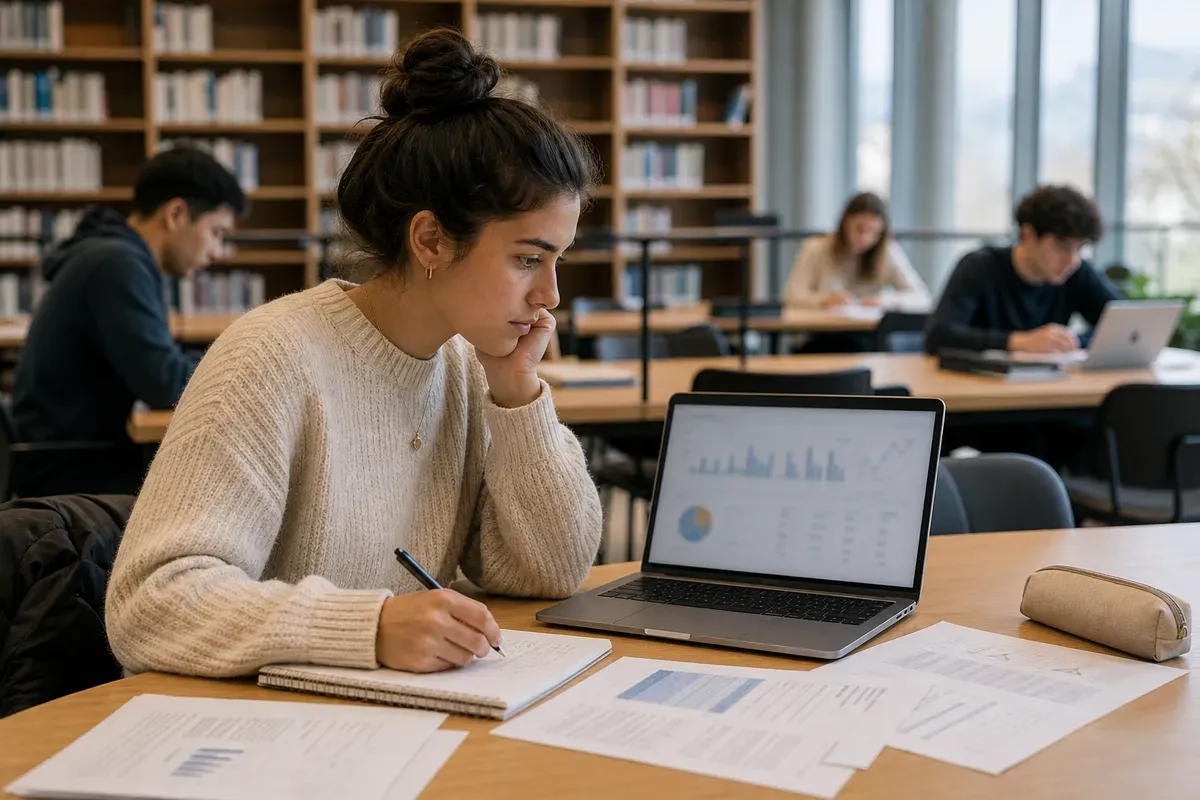 Studentin analysiert statistische Auswertungen am Laptop in einer Schweizer Hochschulbibliothek