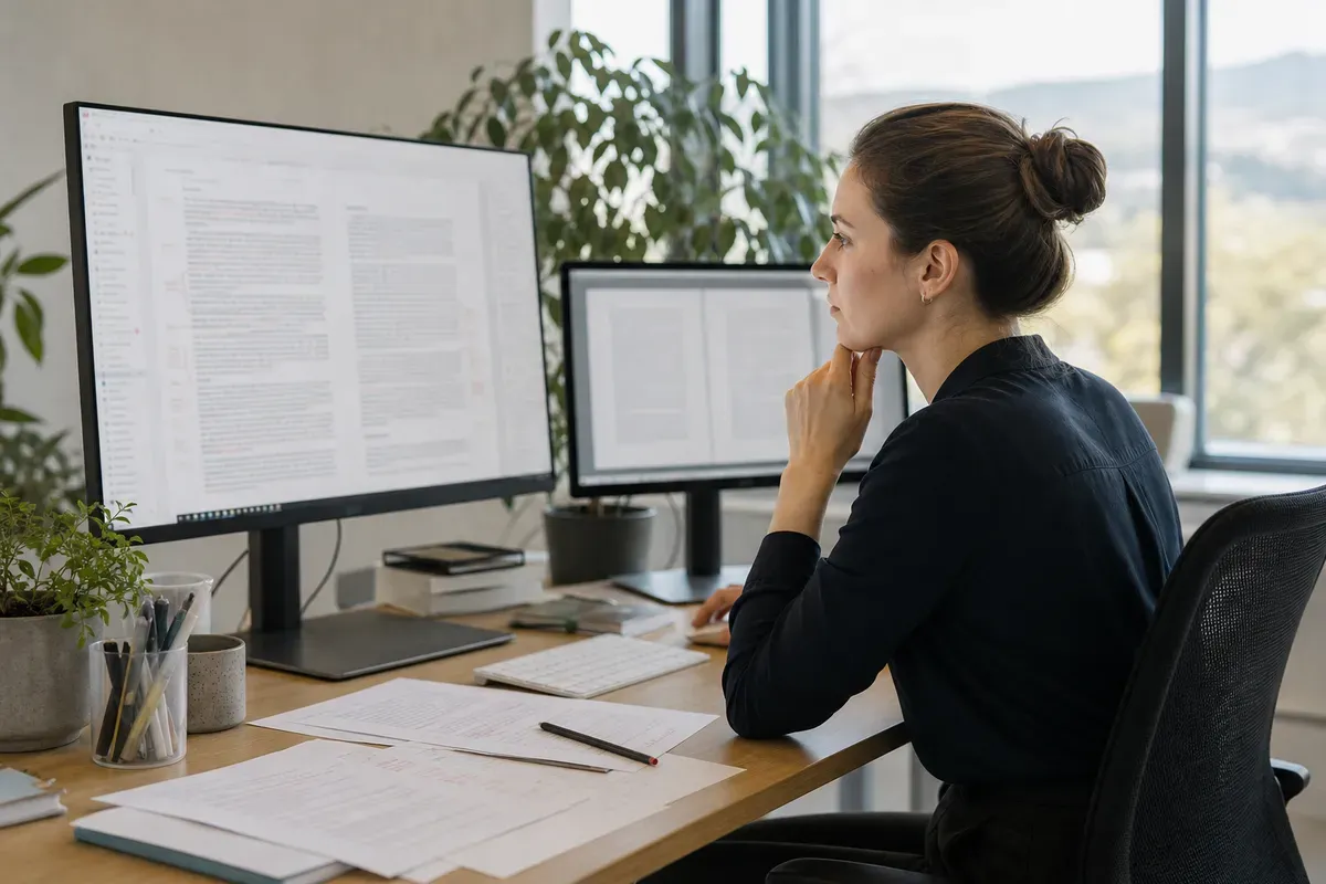 Lektorin überarbeitet eine wissenschaftliche Arbeit am Bildschirm in einem Schweizer Büro