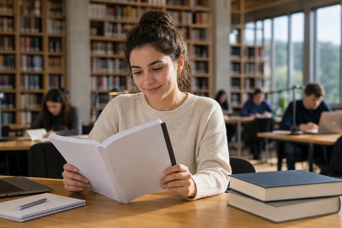 Studentin liest die korrigierte Fassung ihrer Abschlussarbeit in einer Universitätsbibliothek