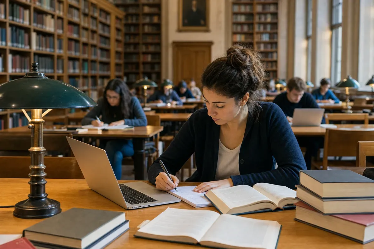 Studentin arbeitet in einer Schweizer Universitätsbibliothek an ihrer Magisterarbeit