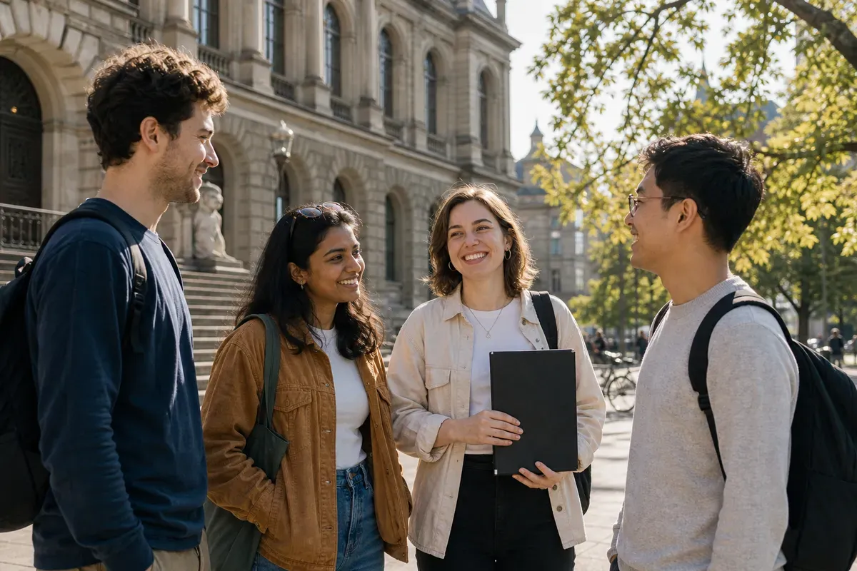 Studierende nach der Abgabe ihrer Masterarbeit vor einem Universitätsgebäude in Zürich