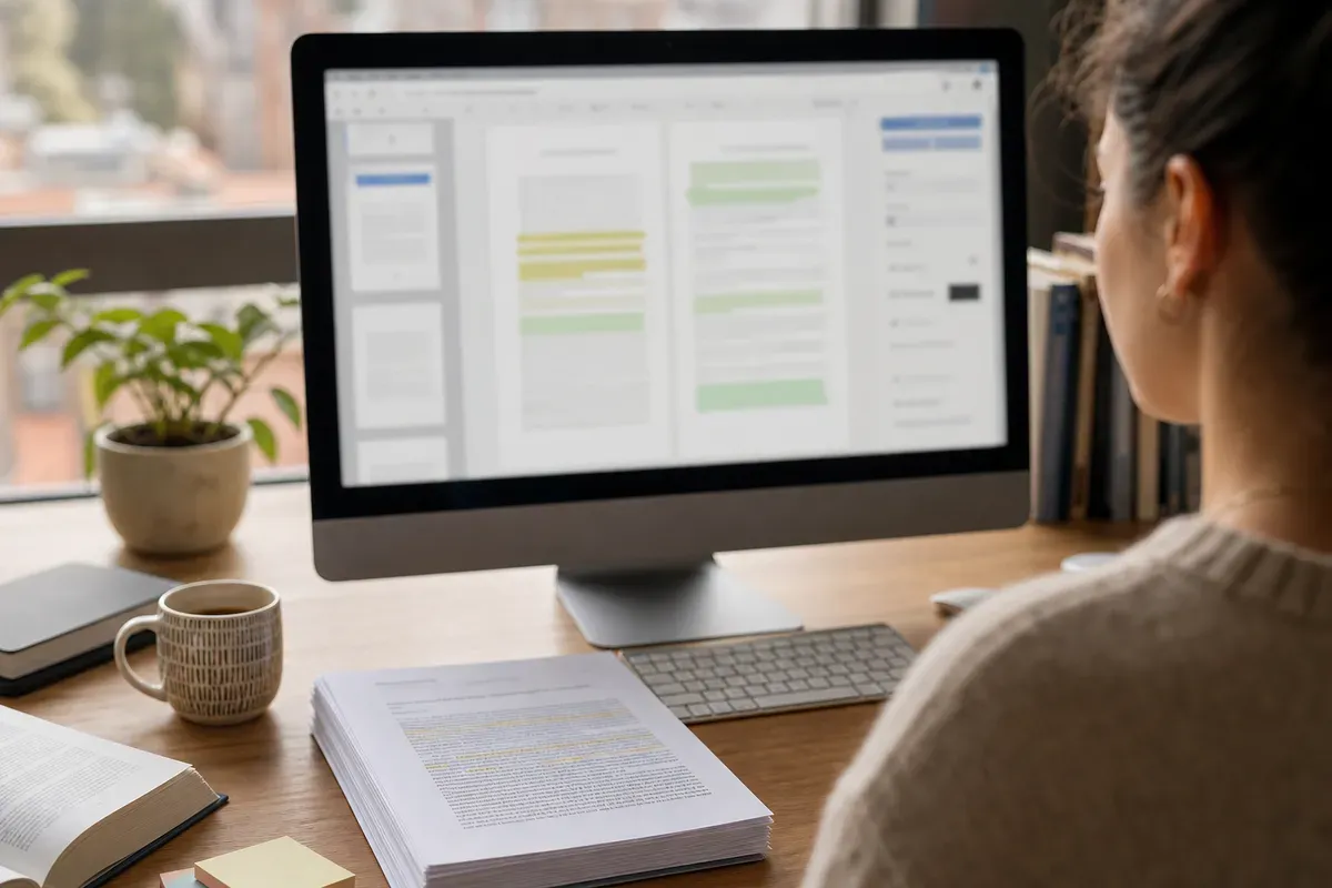 Plagiatssoftware analysiert eine wissenschaftliche Arbeit am Bildschirm