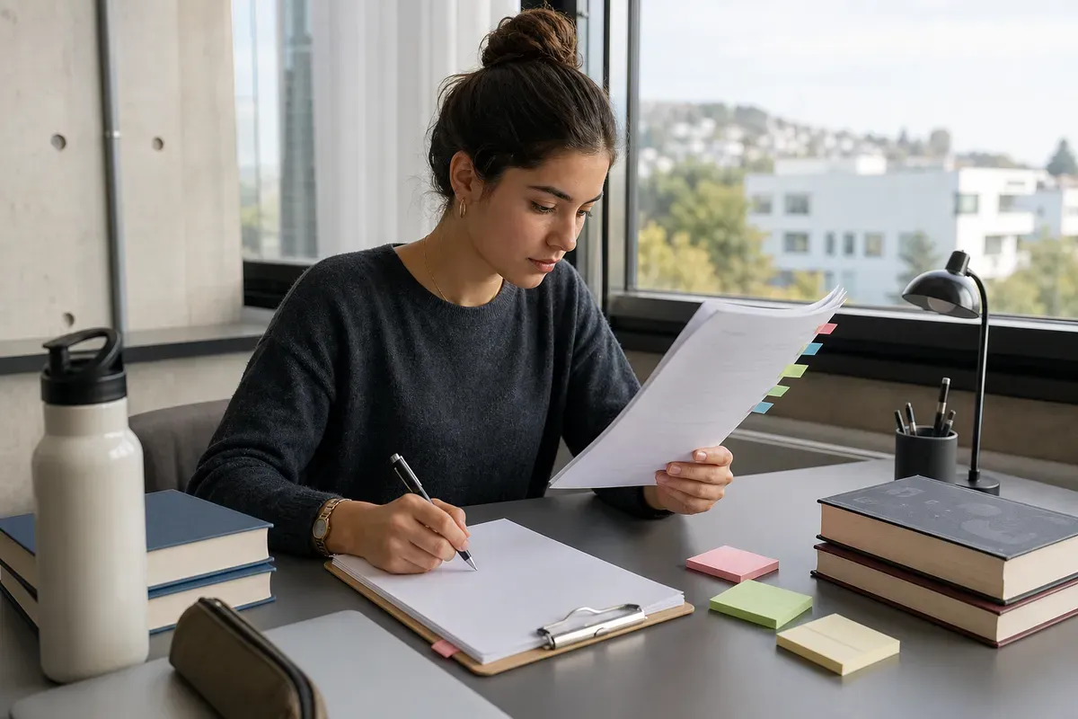 Studentin geht die Checkliste zur Quellenangabe vor der Abgabe ihrer Arbeit durch