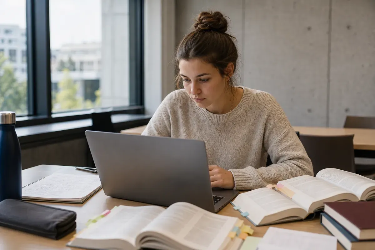 Studentin prüft die Quellenangaben ihrer wissenschaftlichen Arbeit am Laptop