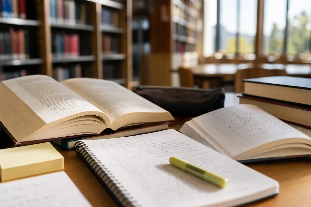Geöffnete Fachbücher und Notizen auf einem Schreibtisch in einer Schweizer Universitätsbibliothek