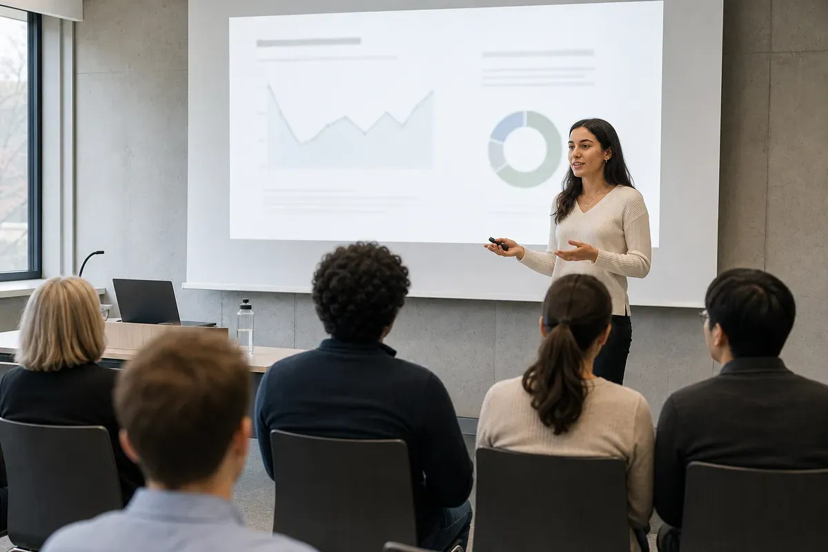 Studentin präsentiert ihre PowerPoint-Folien im Kolloquium an einer Schweizer Hochschule