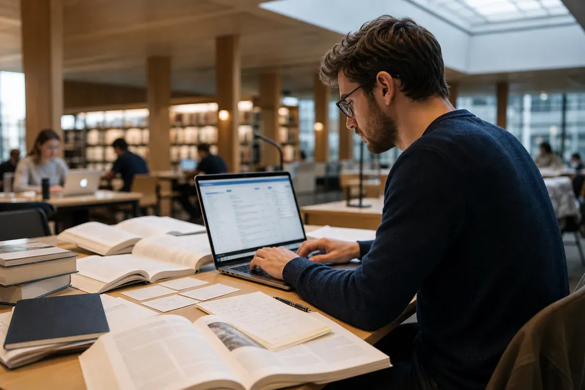 Rechercheur arbeitet mit wissenschaftlichen Datenbanken in einer Schweizer Bibliothek