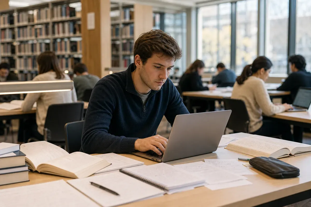 Student arbeitet konzentriert an seiner Seminararbeit in einer Schweizer Hochschulbibliothek