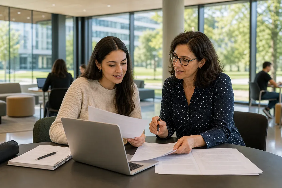 Beratungsgespräch zwischen Studentin und akademischem Betreuer über eine Seminararbeit