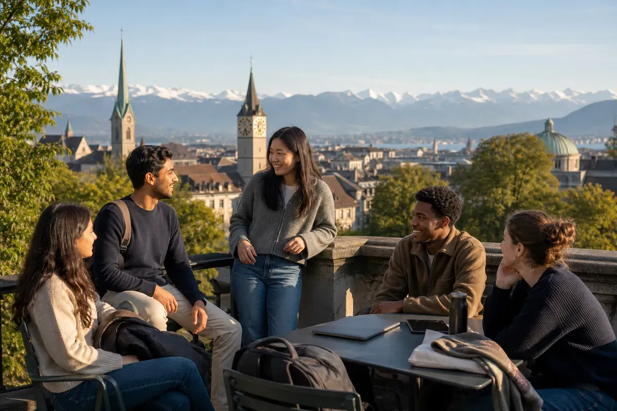 Studierende auf dem Campus einer Schweizer Universität mit Blick auf die Altstadt und die Berge
