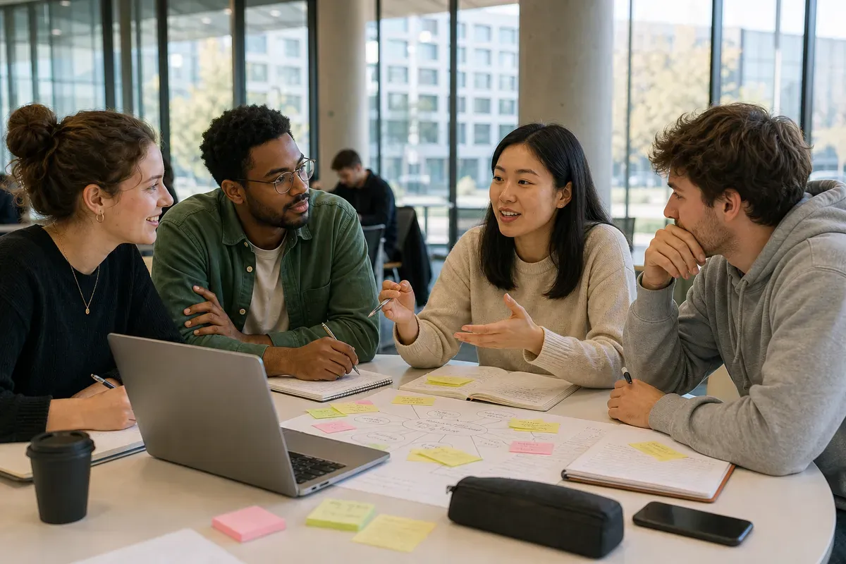 Studierende diskutieren Themenideen für ihre Abschlussarbeit an einer Schweizer Hochschule