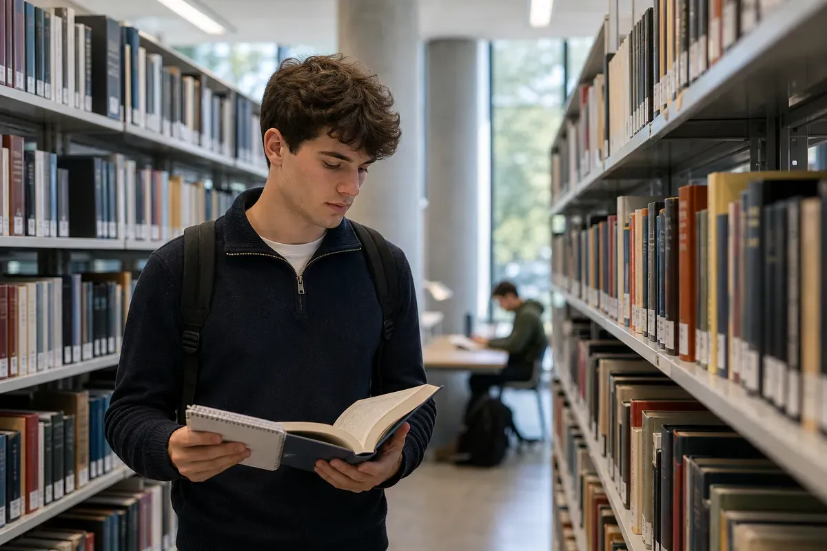 Student recherchiert Literatur für seine Bachelorarbeit in einer Schweizer Bibliothek