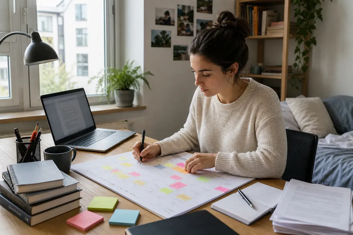 Studentin plant die Etappen ihrer Bachelorarbeit mit Kalender und Notizen