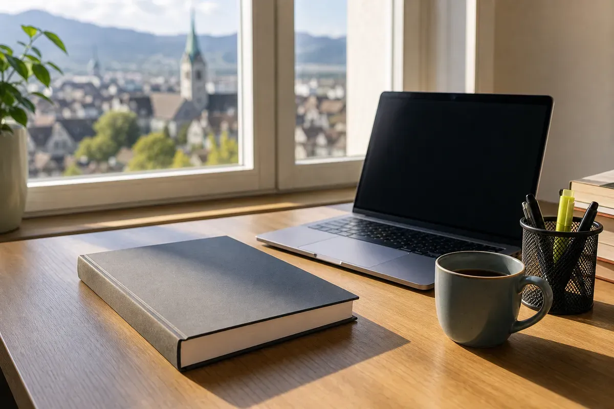 Fertige Bachelorarbeit gebunden auf dem Schreibtisch eines Studierenden