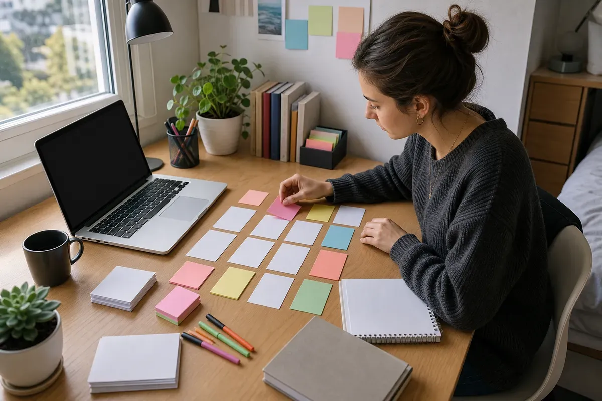 Studentin plant die Gliederung ihrer Magisterarbeit mit Notizen und Laptop