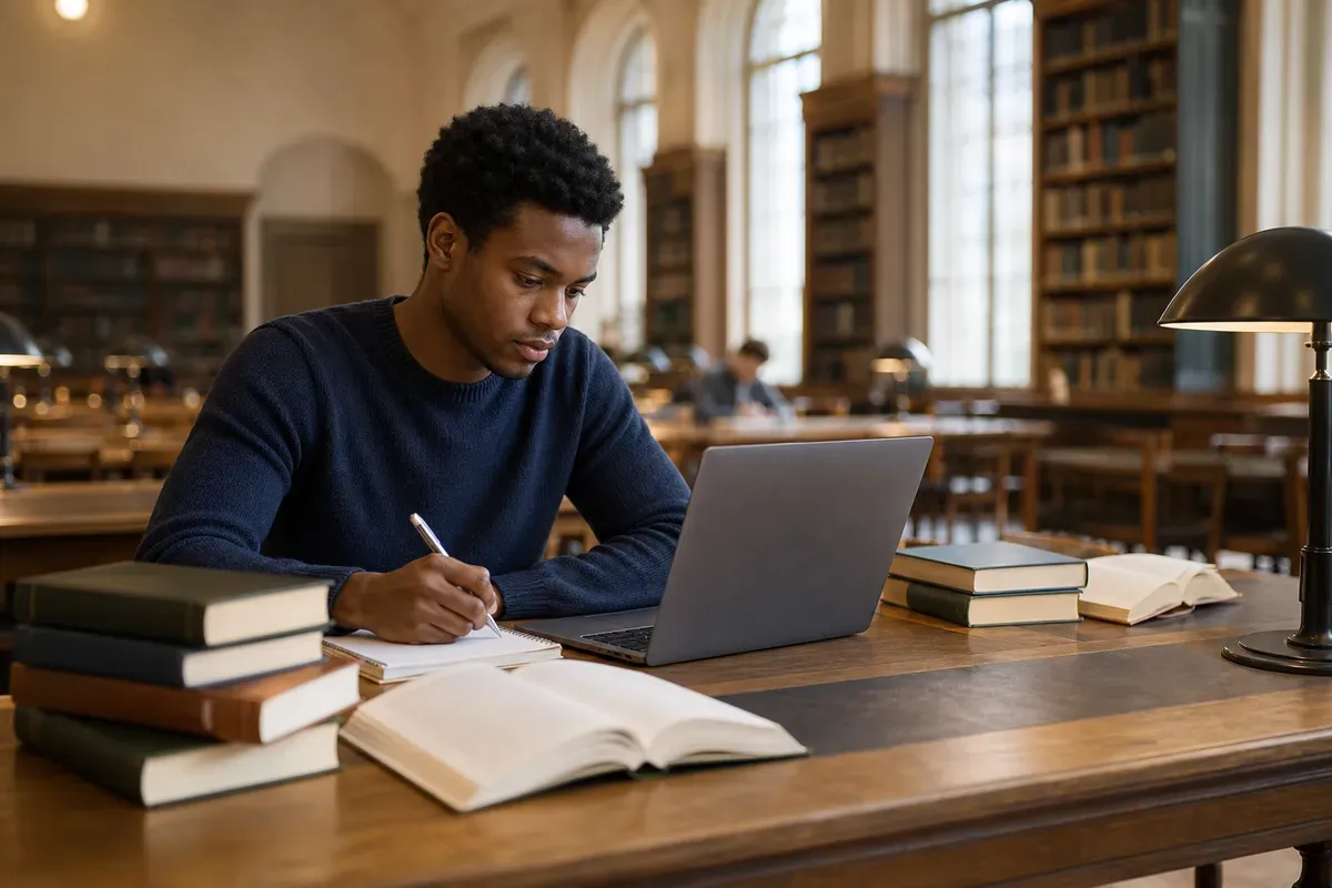 Student arbeitet konzentriert an seiner Magisterarbeit in einer Universitätsbibliothek