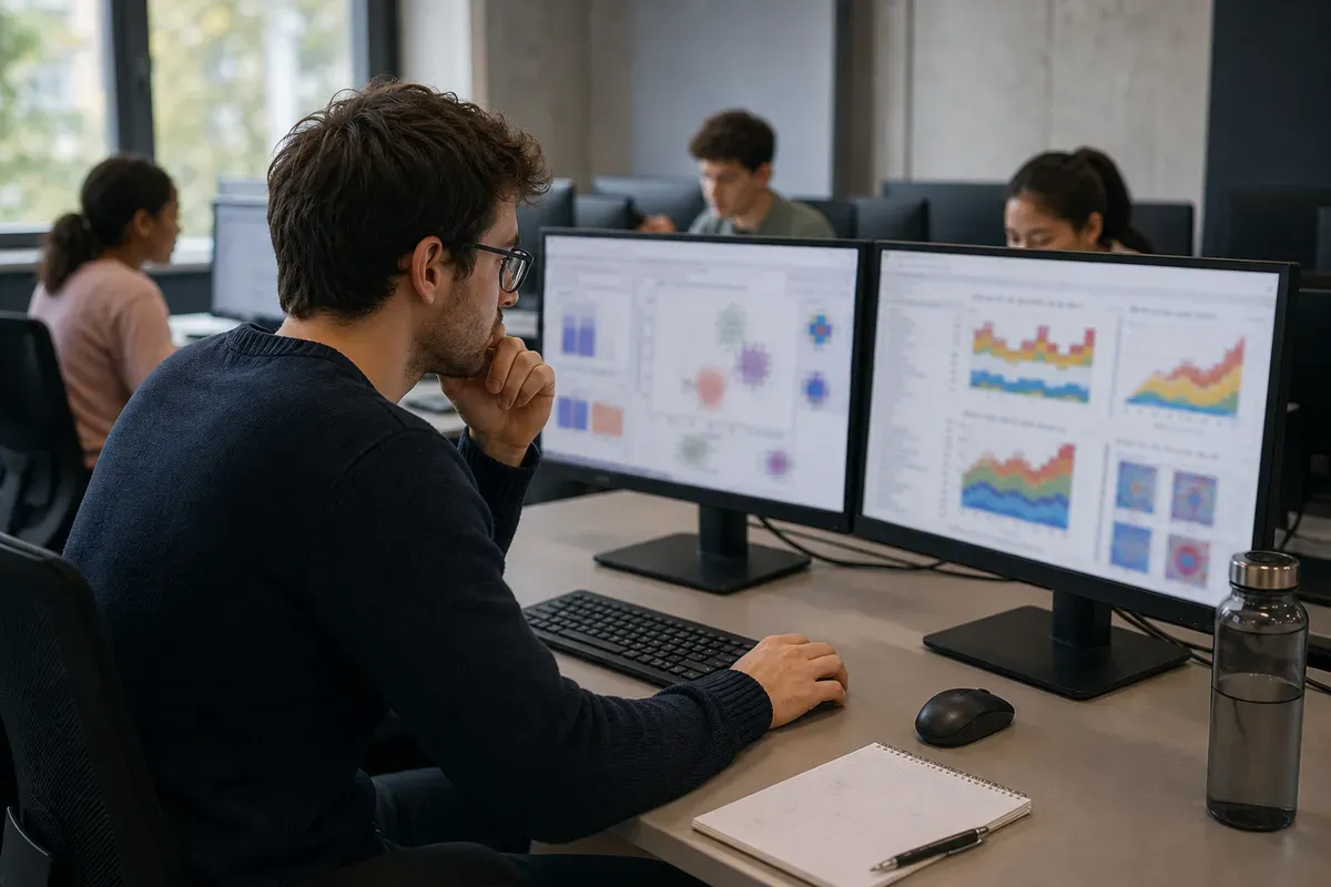 Student wertet Forschungsdaten für seine Masterarbeit am Computer aus