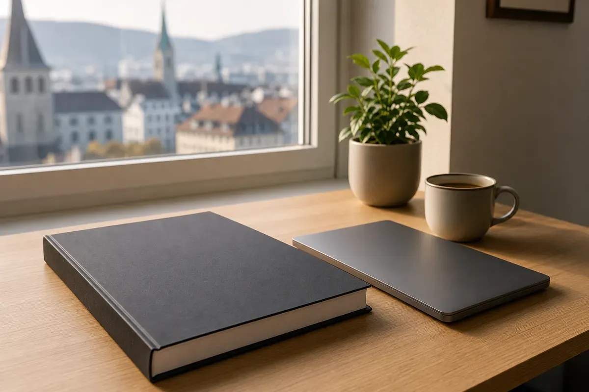 Fertige Masterarbeit gebunden auf dem Schreibtisch einer Schweizer Studentin