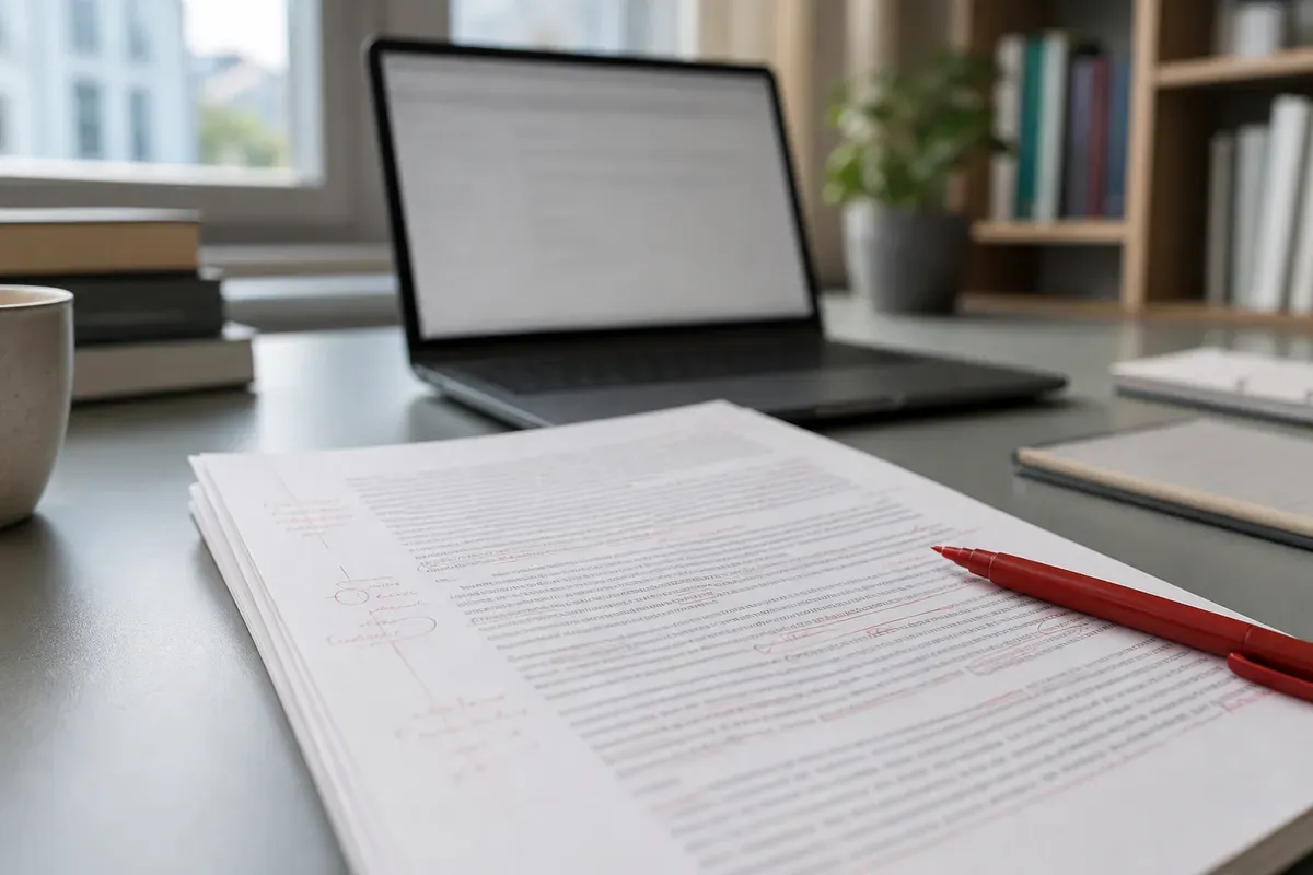 Wissenschaftliches Manuskript mit Anmerkungen und Laptop auf dem Schreibtisch